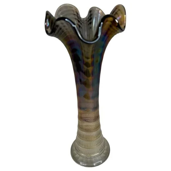 Vintage Imperial Ribbed Carnival Glass Swung Vase Iridescent Brown Purple Clear - Picture 3 of 11